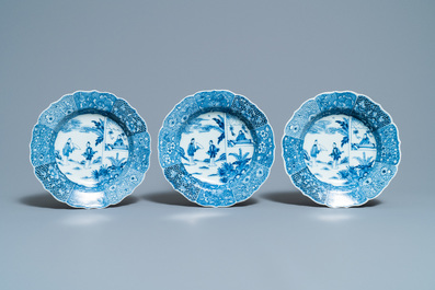 Six deep Chinese blue and white 'Xi Xiang Ji' plates, Qianlong