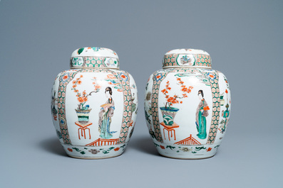 A pair of Chinese famille verte jars and covers, Kangxi