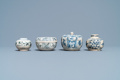 Quatre pi&egrave;ces en gr&egrave;s porcelaineux d'Annam ou Vietnam et un petit pot chinois en bleu et blanc, 15/16&egrave;me
