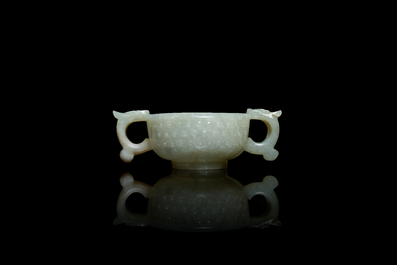 A Chinese celadon jade two-handled libation cup, Ming