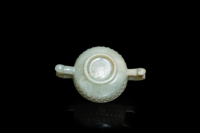 A Chinese celadon jade two-handled libation cup, Ming