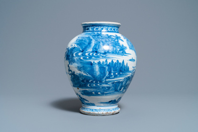 Een vroege blauw-witte Delftse chinoiserie pot, Engeland of Nederland, 3e kwart 17e eeuw