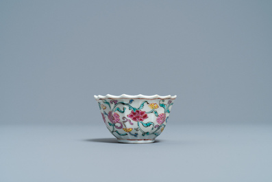 A lobed Chinese famille rose cup and saucer, Yongzheng