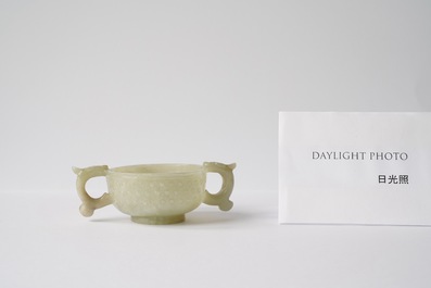 A Chinese celadon jade two-handled libation cup, Ming