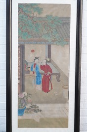 Chinese school, ink and color on silk: 'The making up of lady', 18th C.