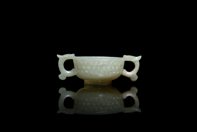 A Chinese celadon jade two-handled libation cup, Ming