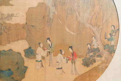 Chinese school, ink and color on silk: 'Figures in a mountainous landscape', Qing