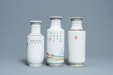 Three Chinese famille rose rouleau vases, Qianlong marks, Republic