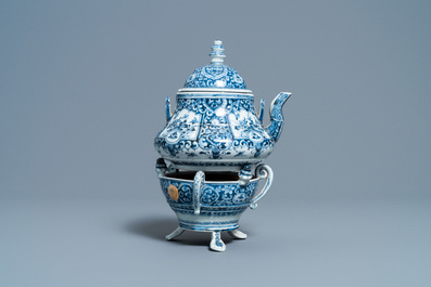 An extremely rare Arita blue and white Delft-style kettle on heating stand, Japan, Edo, ca. 1750