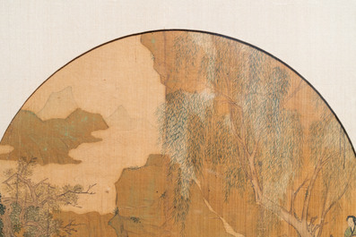 Chinese school, ink and color on silk: 'Figures in a mountainous landscape', Qing
