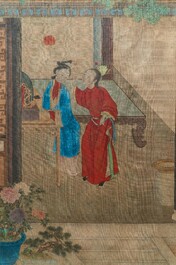 Chinese school, ink and color on silk: 'The making up of lady', 18th C.