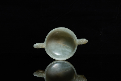 A Chinese celadon jade two-handled libation cup, Ming