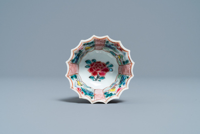 A lobed Chinese famille rose 'rooster' cup and saucer, Yongzheng