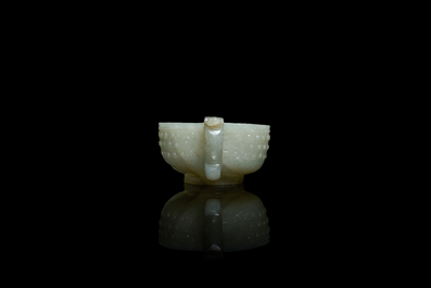 A Chinese celadon jade two-handled libation cup, Ming