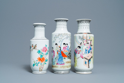 Three Chinese famille rose rouleau vases, Qianlong marks, Republic