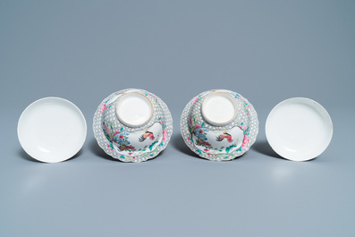 A pair of Chinese famille rose 'rooster' bowls and covers, Yongzheng