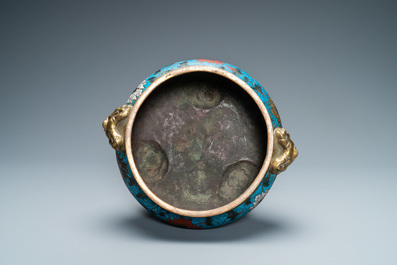 A large Chinese cloisonn&eacute; tripod censer, Ming