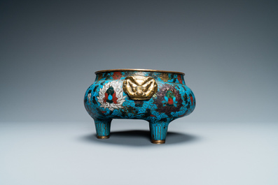 A large Chinese cloisonn&eacute; tripod censer, Ming