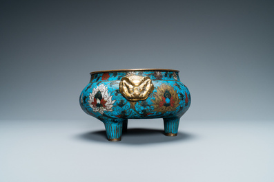 A large Chinese cloisonn&eacute; tripod censer, Ming