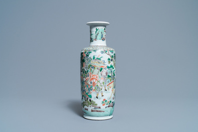 A rare Chinese famille verte 'Feng shen bang' rouleau vase, Kangxi