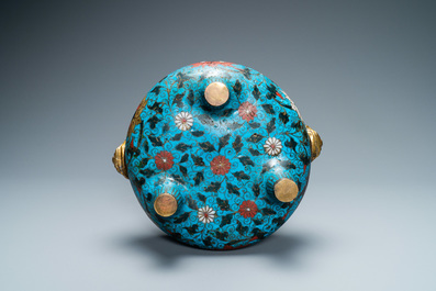 A large Chinese cloisonn&eacute; tripod censer, Ming