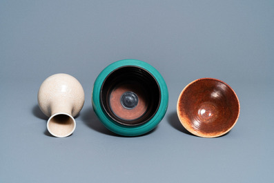 A Chinese crackle-glazed vase, a turquoise-glazed vase and a brown-glazed bowl, Qing