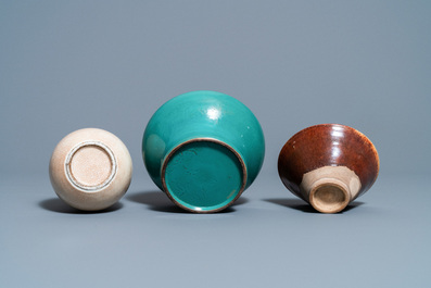 A Chinese crackle-glazed vase, a turquoise-glazed vase and a brown-glazed bowl, Qing