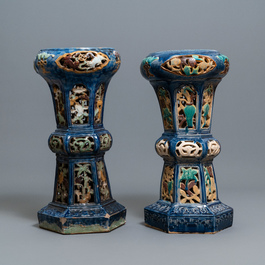 A pair of reticulated Vietnamese polychrome pottery stands, Lai Thieu, 1st half 20th C.