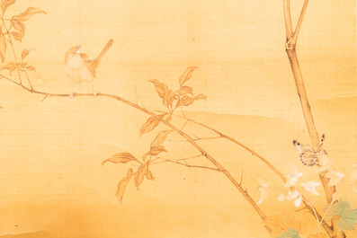 Sun Jia Shou (20th C.), ink and color on silk: 'Blossoming branches with birds and insects', dated 1936