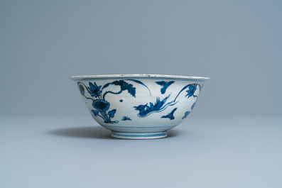 A Chinese blue and white 'mandarin ducks' bowl, Chenghua mark, Wanli