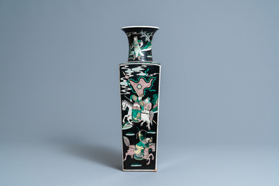 A Chinese square famille noire vase with figurative panels, Kangxi mark, 19th C.