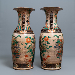 A pair of very large Chinese Nanking crackle-glazed famille verte vases, 19th C.