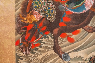 Katsushika Hokusai (Japan, 1760 &ndash; 1849), ink and color on silk: Ryubi jumping his horse across a stream, ca. 1834