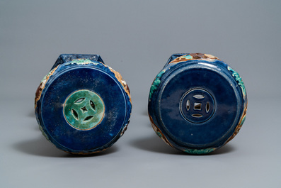 A pair of reticulated Vietnamese polychrome pottery stands, Lai Thieu, 1st half 20th C.