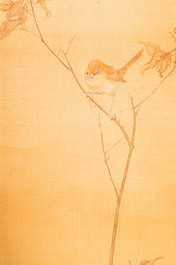 Sun Jia Shou (20&egrave;me), encre et couleurs sur soie: 'Branches fleuries aux oiseaux et insectes', dat&eacute; 1936