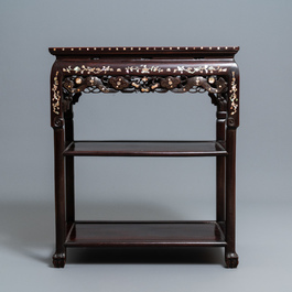 A Chinese mother-of-pearl-inlaid wooden sideboard with marble top, 19th C.