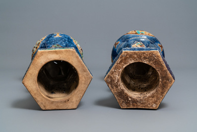 A pair of reticulated Vietnamese polychrome pottery stands, Lai Thieu, 1st half 20th C.