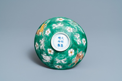 A shallow Chinese verte biscuit 'mythical beast' bowl, Jiajing mark, Kangxi