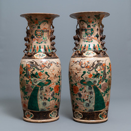 A pair of very large Chinese Nanking crackle-glazed famille verte vases, 19th C.