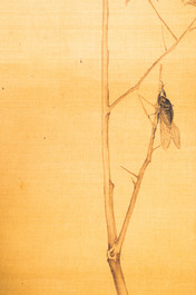 Sun Jia Shou (20&egrave;me), encre et couleurs sur soie: 'Branches fleuries aux oiseaux et insectes', dat&eacute; 1936