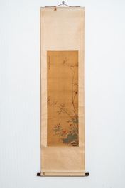 Sun Jia Shou (20th C.), ink and color on silk: 'Blossoming branches with birds and insects', dated 1936
