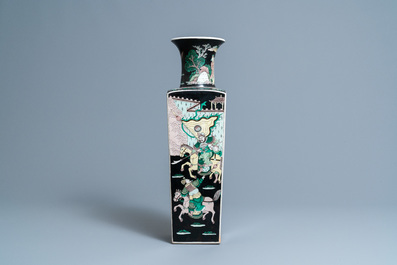 A Chinese square famille noire vase with figurative panels, Kangxi mark, 19th C.