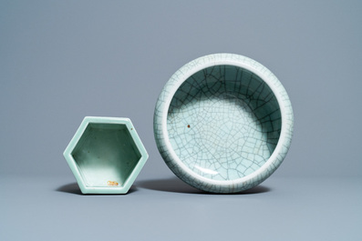 A Chinese crackle-glazed censer and a hexagonal celadon-glazed brush pot, 19th C.