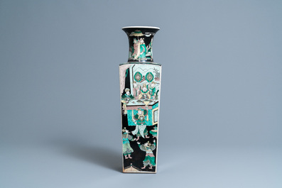 A Chinese square famille noire vase with figurative panels, Kangxi mark, 19th C.
