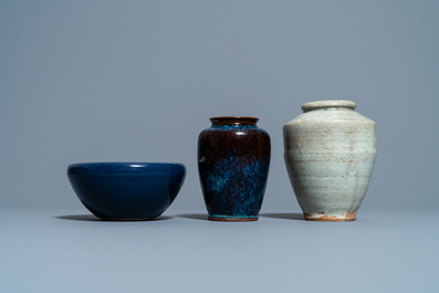 A Chinese flamb&eacute;-glazed vase, a cream-glazed vase and a blue-glazed censer, Qing