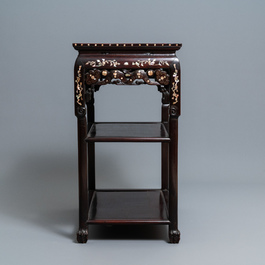 A Chinese mother-of-pearl-inlaid wooden sideboard with marble top, 19th C.