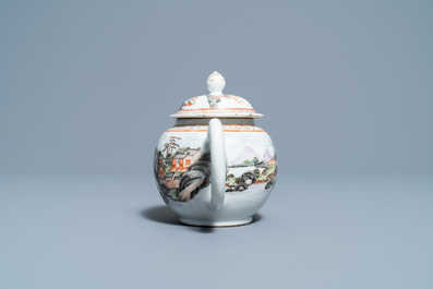 A fine Chinese 'landscape' teapot and a pair of cups and saucers, Yongzheng