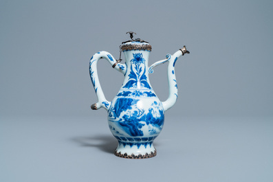 A Chinese blue and white silver-mounted ewer and cover, Transitional period