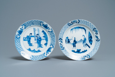Vier Chinese blauw-witte borden met Lange Lijzen, Kangxi en Jiajing merken, Kangxi