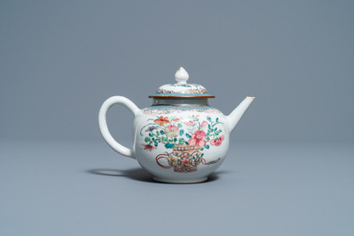 A Chinese famille rose teapot with a fine flower basket, Yongzheng